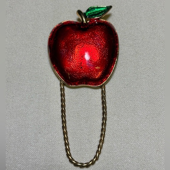Vintage Enamel Red Apple Brooch with Green Leaf - Picture 3 of 6